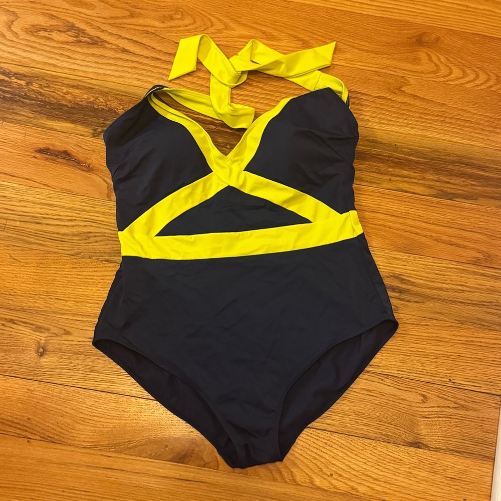 Boden Navy and Yellow Halter One-Piece Swimsuit